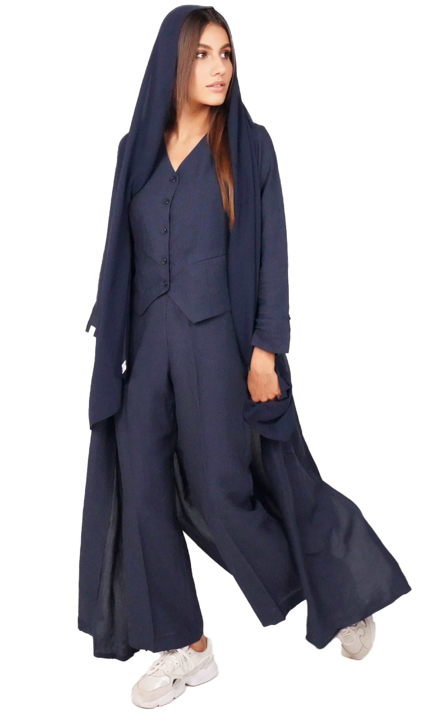Navy Linen Coat Abaya - Front View