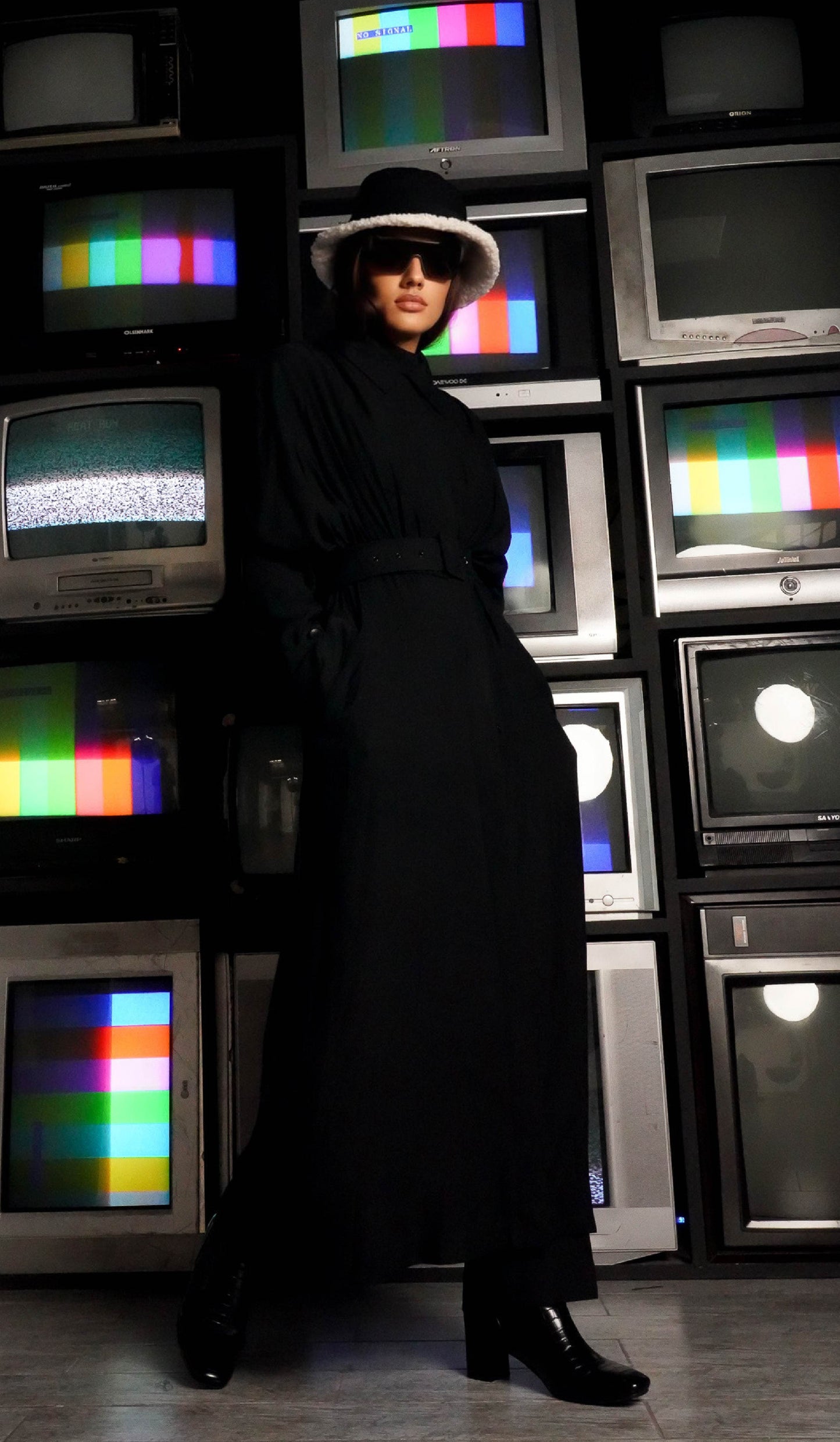 Black Long Coat with Shoulder Drape - Front View