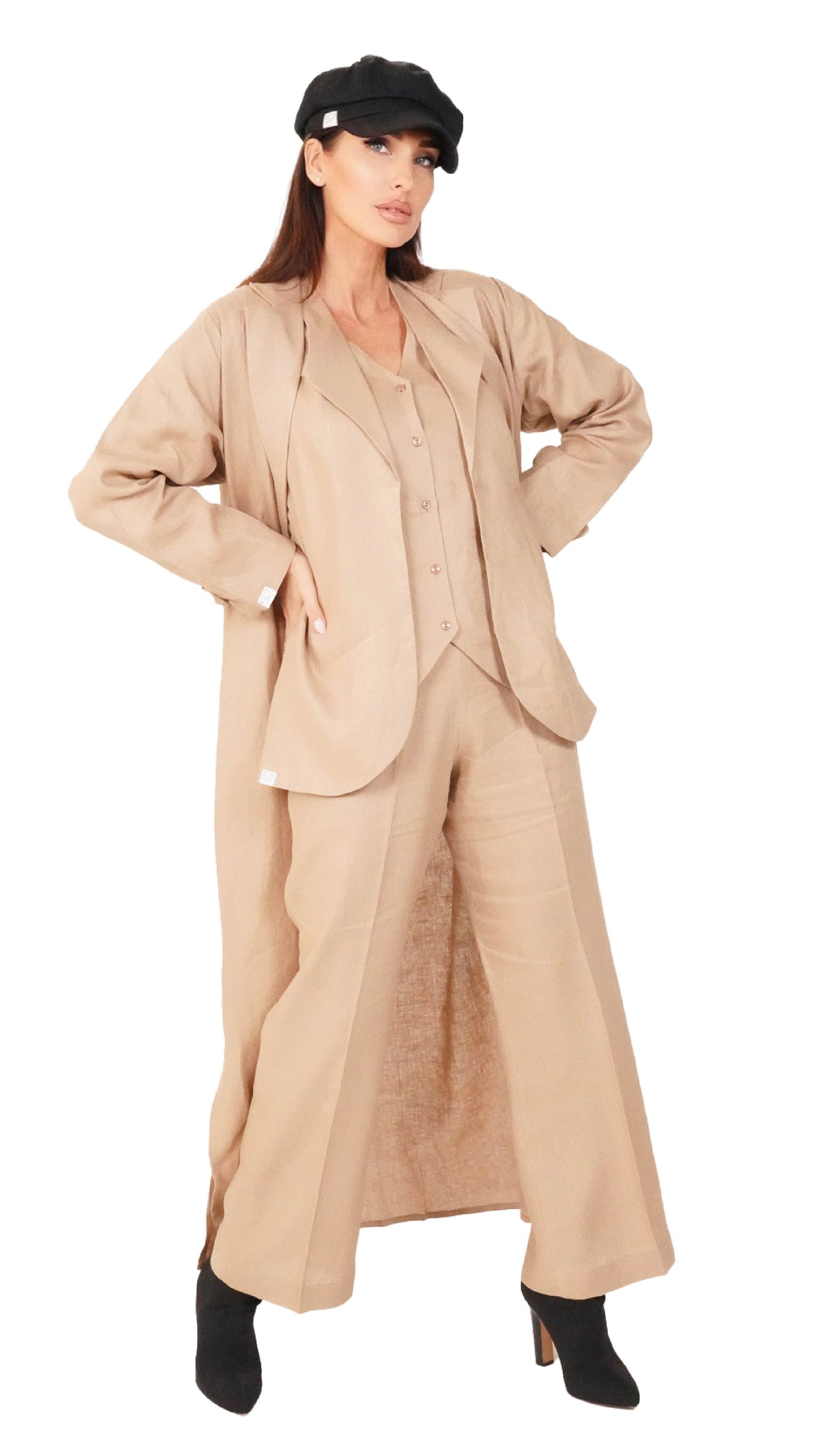 Beige Linen Coat Abaya - Front View