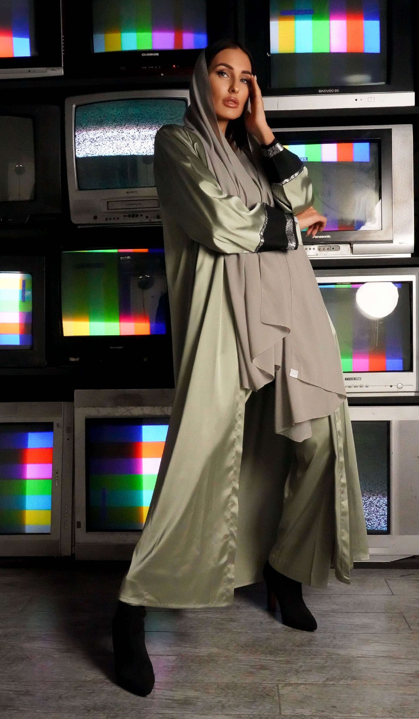 Green Silk Abaya with Linen Sleeves - Front View