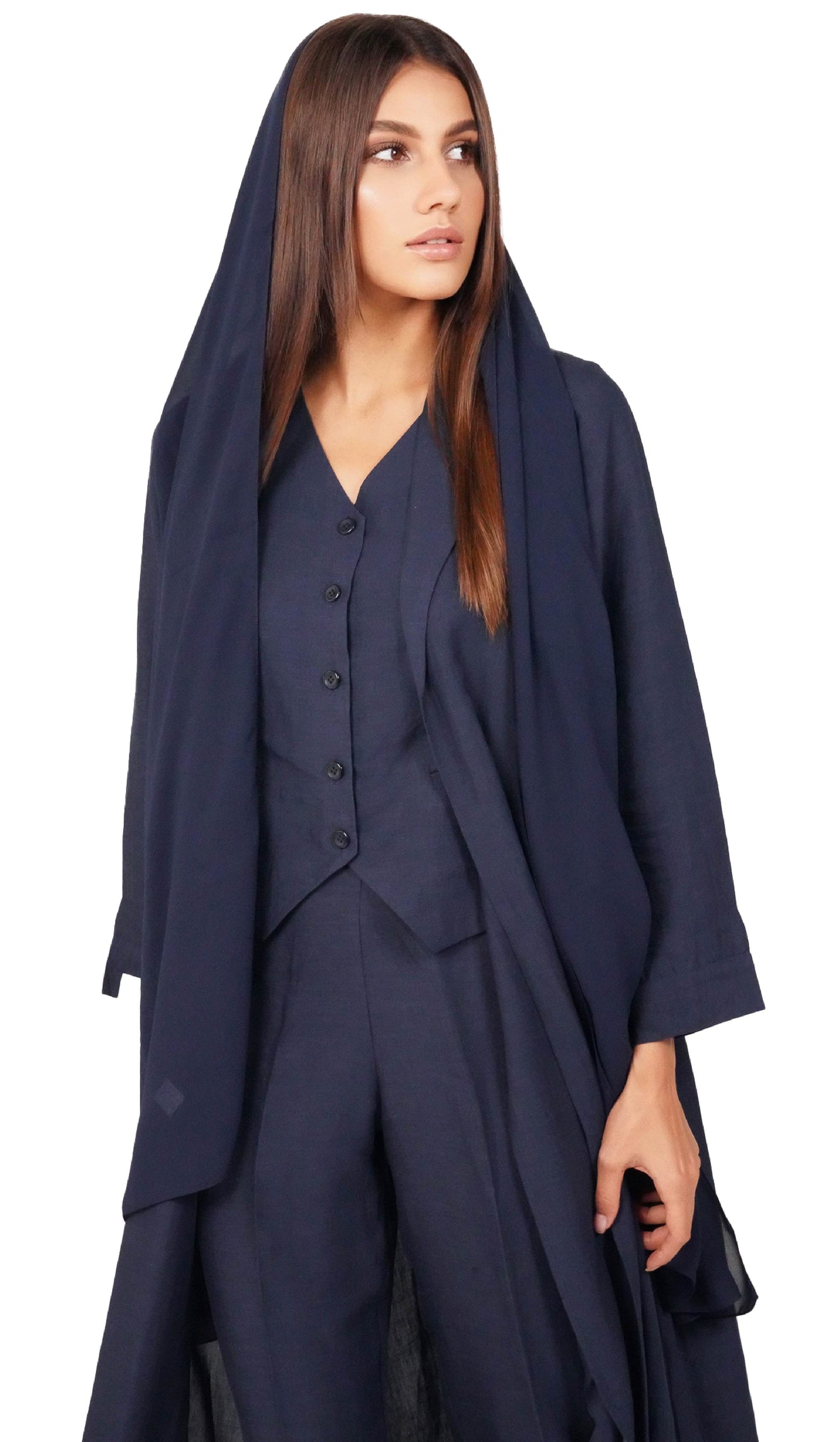 Navy Linen Coat Abaya - Back View