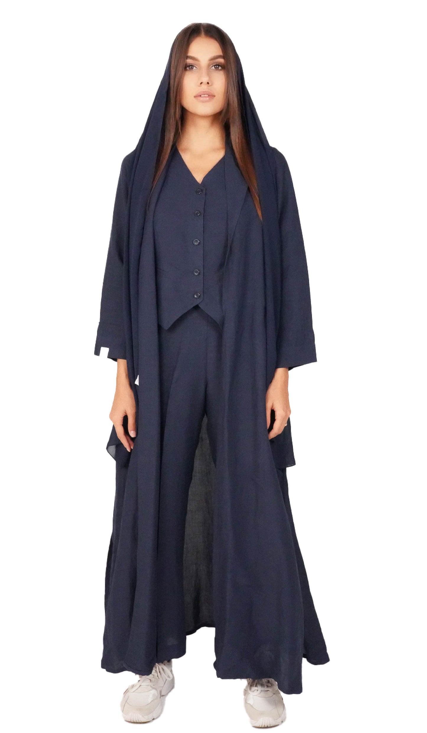 (Navy Linen Coat Abaya - Front View