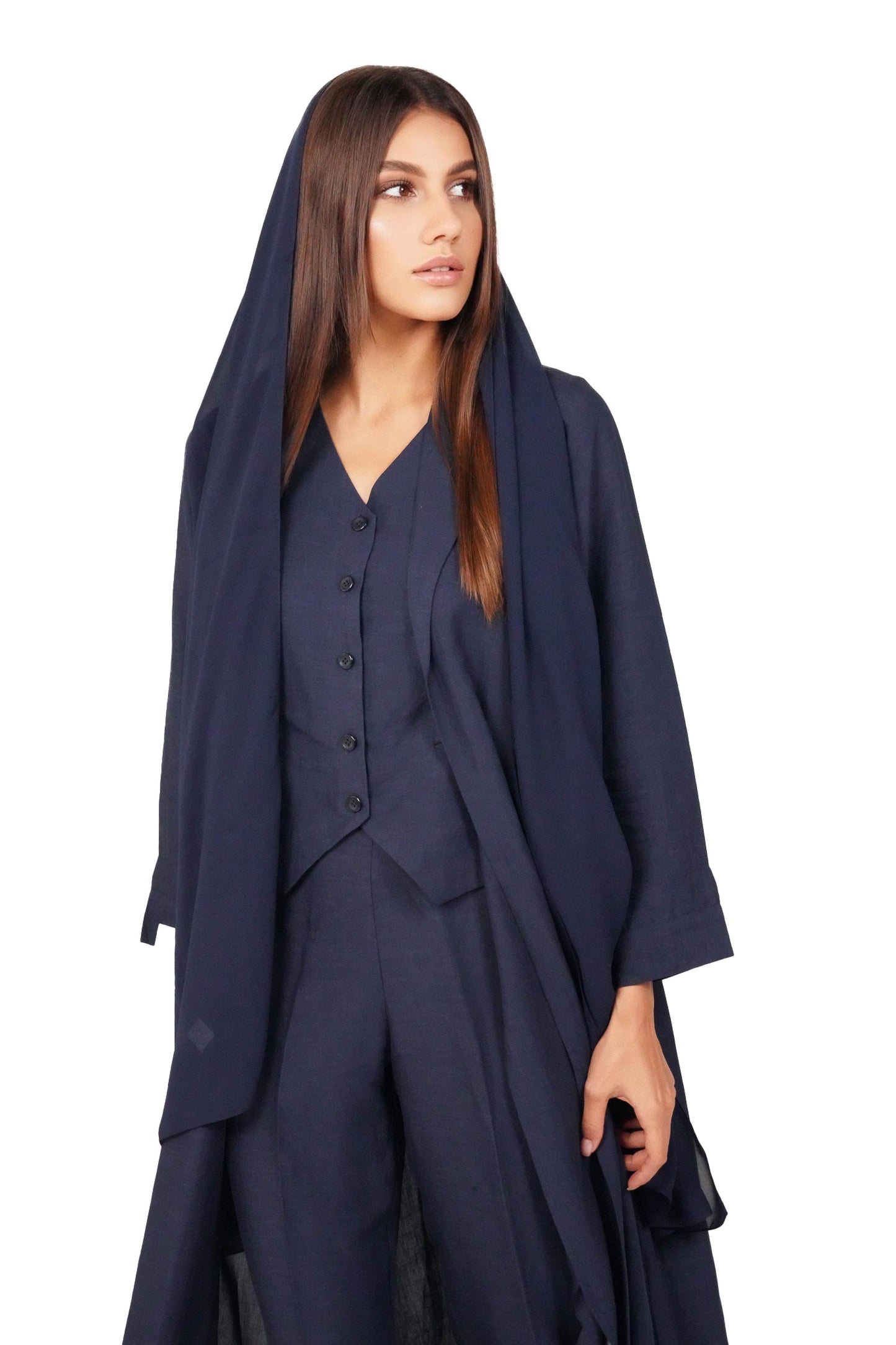 Navy Linen Coat Abaya - Back View